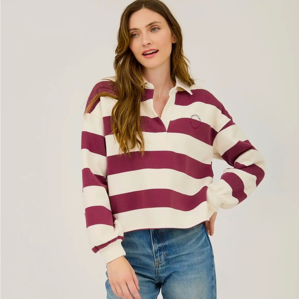 Blu Pepper Burgundy and Cream Striped Rugby Pullover